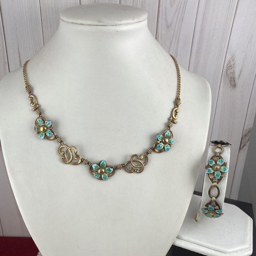 Vintage 1930s Gold Vermeil Necklace and Bracelet Guilloche Enamel Flowers